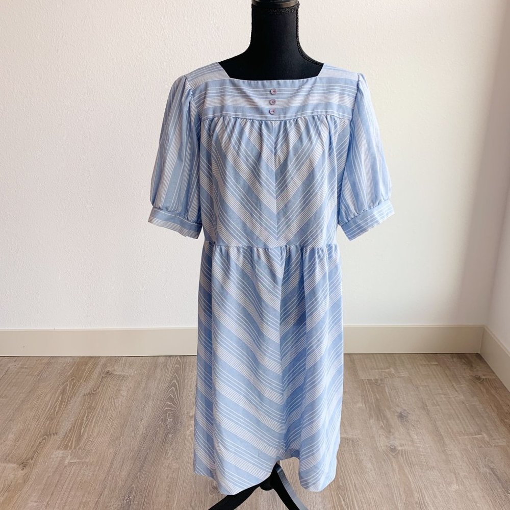 Vintage Jaylan of California Patio House Dress Blue White Chevron Chambray Large